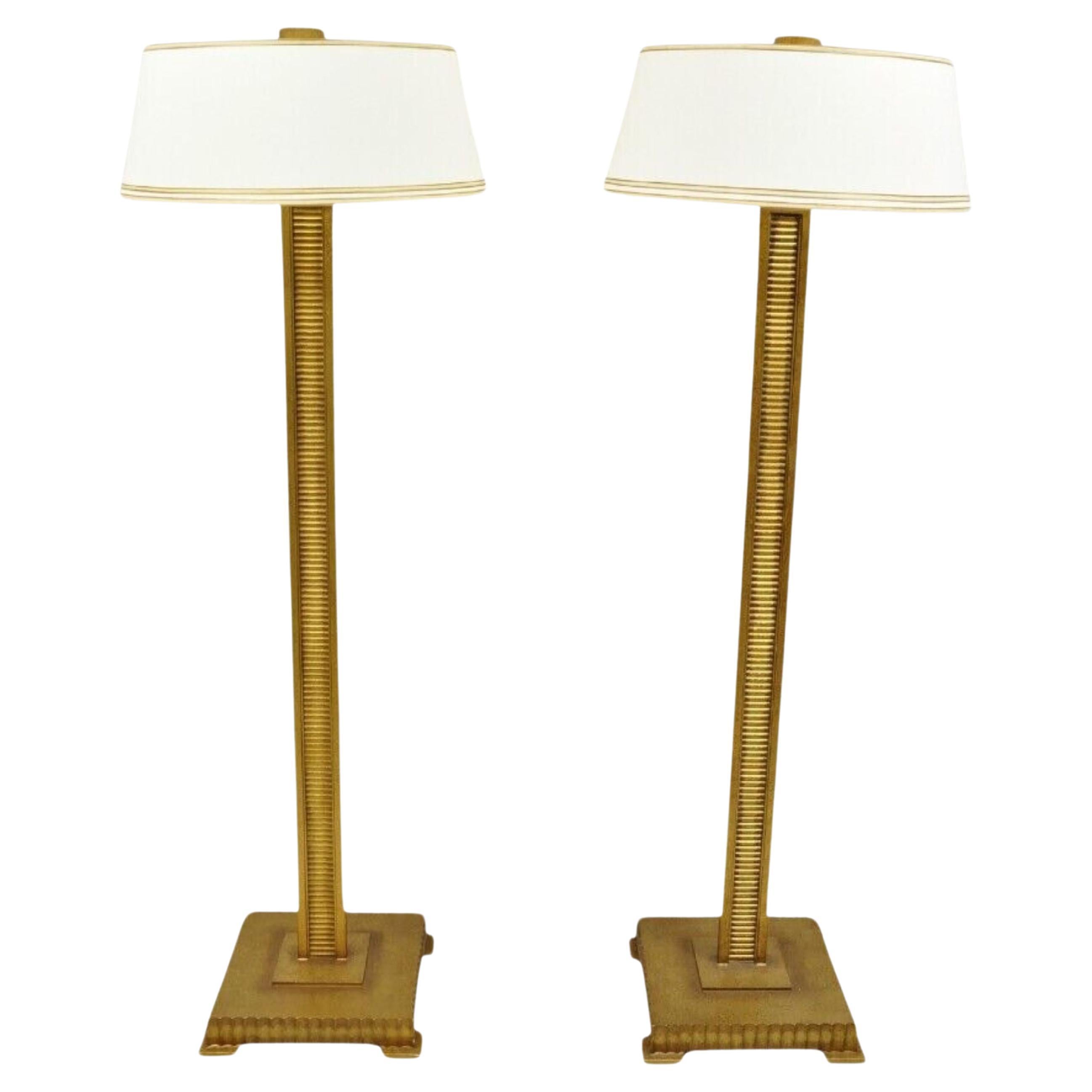 Decorator Fine Art Lamps Gold Gilt Metal Skyscraper Modern Floor Lamps - a Pair For Sale