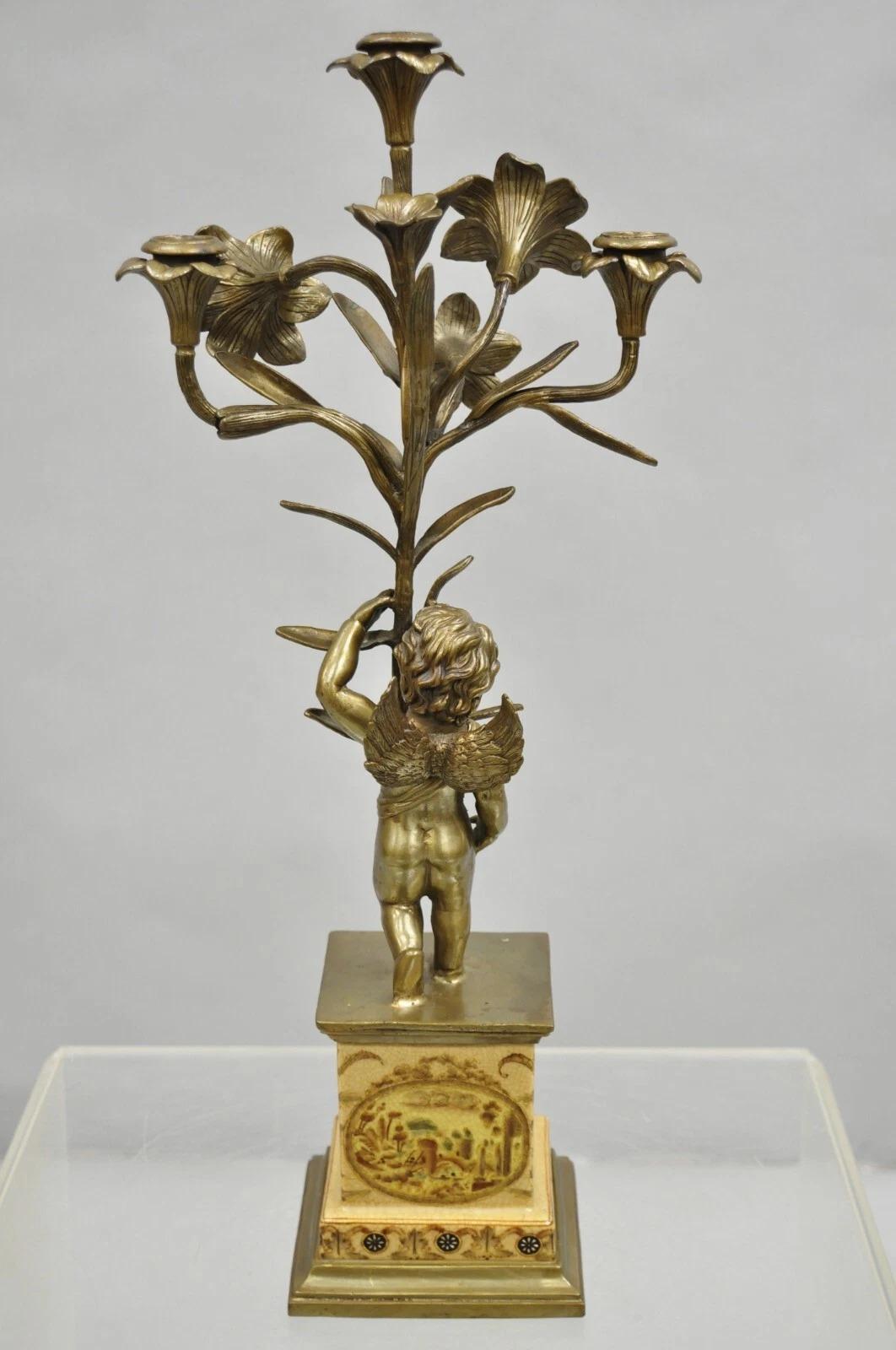 Decorator French Rococo Bronze and Porcelain Cherub Flower Candelabras - Pair For Sale 5
