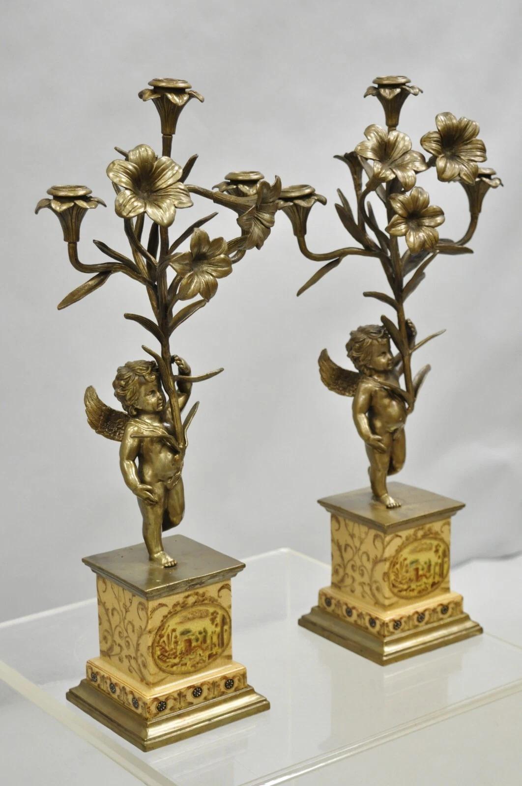 Decorator French Rococo Bronze and Porcelain Cherub Flower Candelabras - Pair For Sale 7