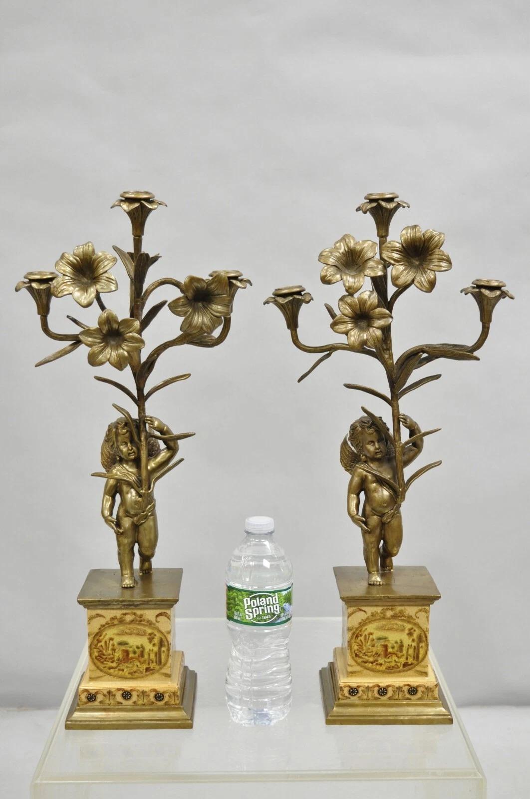 Decorator French Rococo Style Bronze and Porcelain Cherub Flower Candelabras by Domain - a Pair. Circa Late 20th Century. Measurements: 20