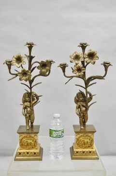 Decorator French Rococo Bronze and Porcelain Cherub Flower Candelabras - Pair