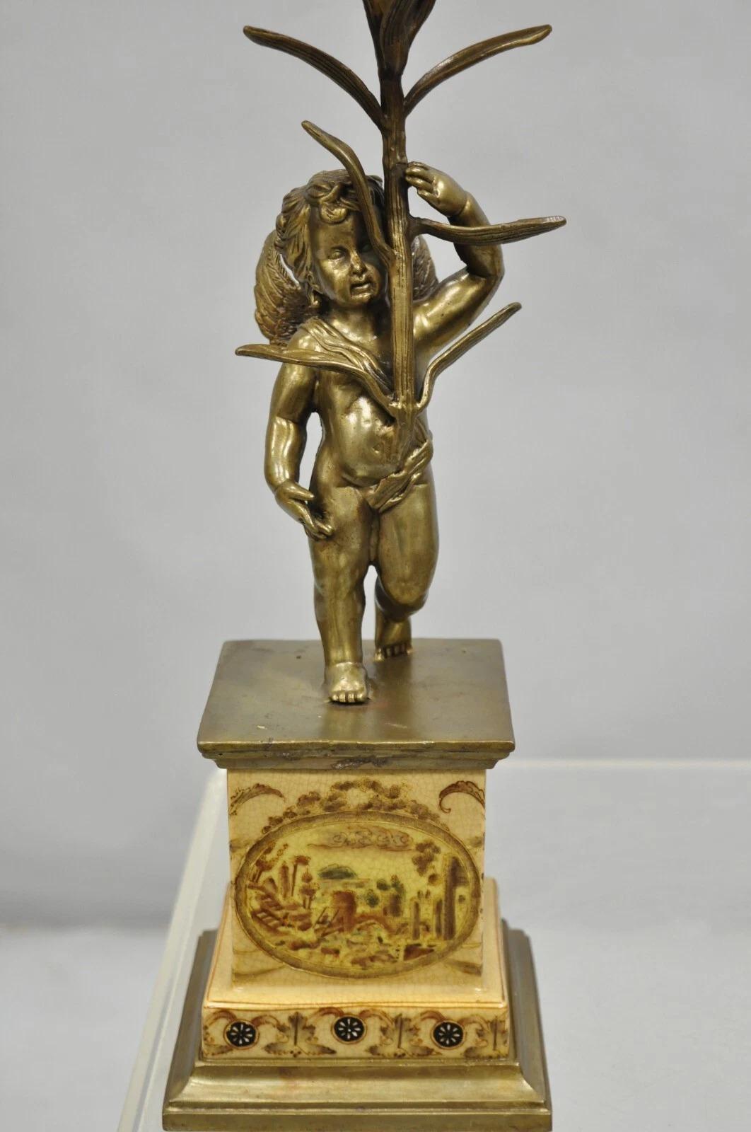 Unknown Decorator French Rococo Bronze and Porcelain Cherub Flower Candelabras - Pair For Sale