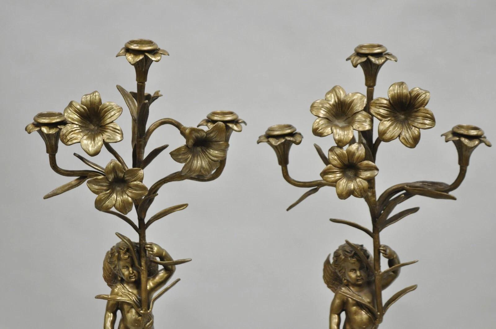 20th Century Decorator French Rococo Bronze and Porcelain Cherub Flower Candelabras - Pair For Sale