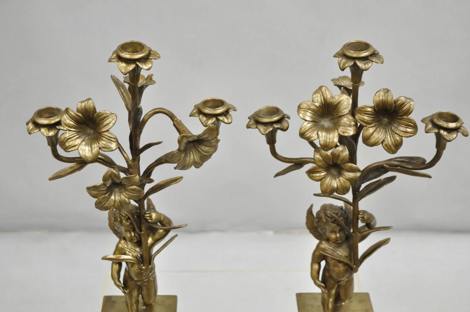 Decorator French Rococo Bronze and Porcelain Cherub Flower Candelabras - Pair For Sale 1
