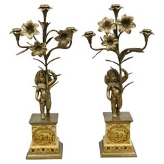 Decorator French Rococo Bronze and Porcelain Cherub Flower Candelabras - Pair