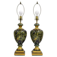 Decorator Hollywood Regency Ceramic Green "Birds of Paradise" Table Lamps - Pair