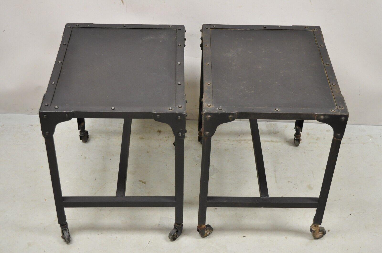 Decorator Industrial Vintage Style Steel Metal Side Tables on Wheels, a Pair For Sale 7