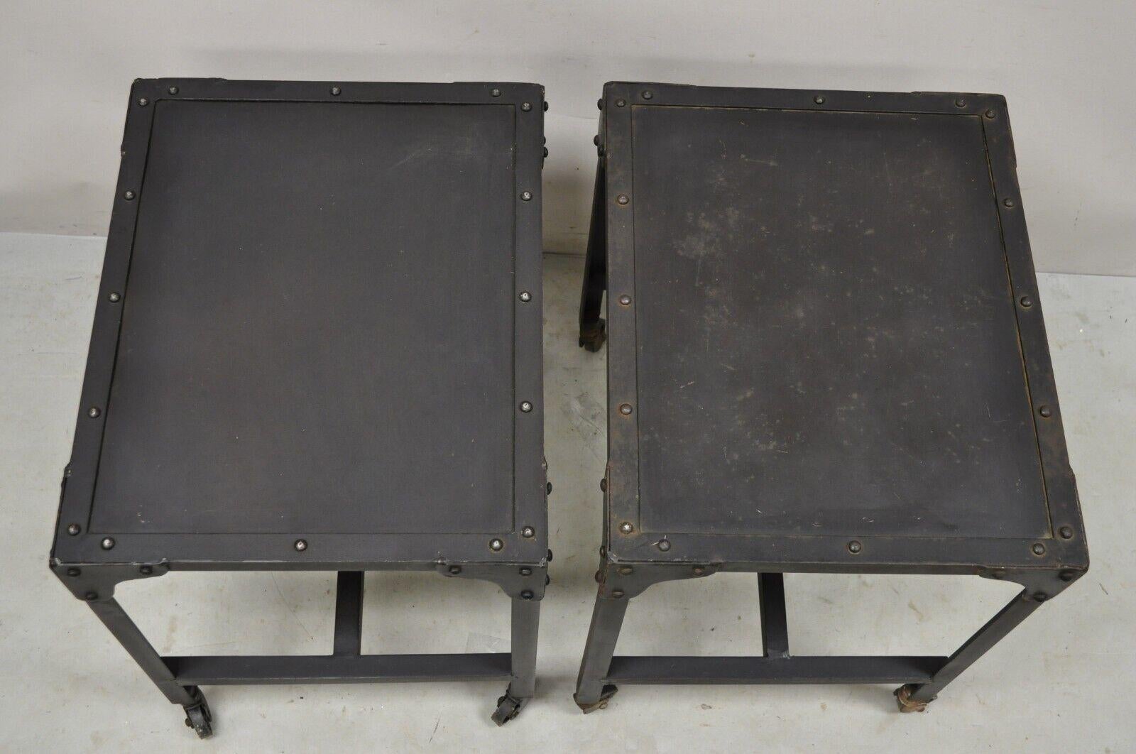 20th Century Decorator Industrial Vintage Style Steel Metal Side Tables on Wheels, a Pair For Sale