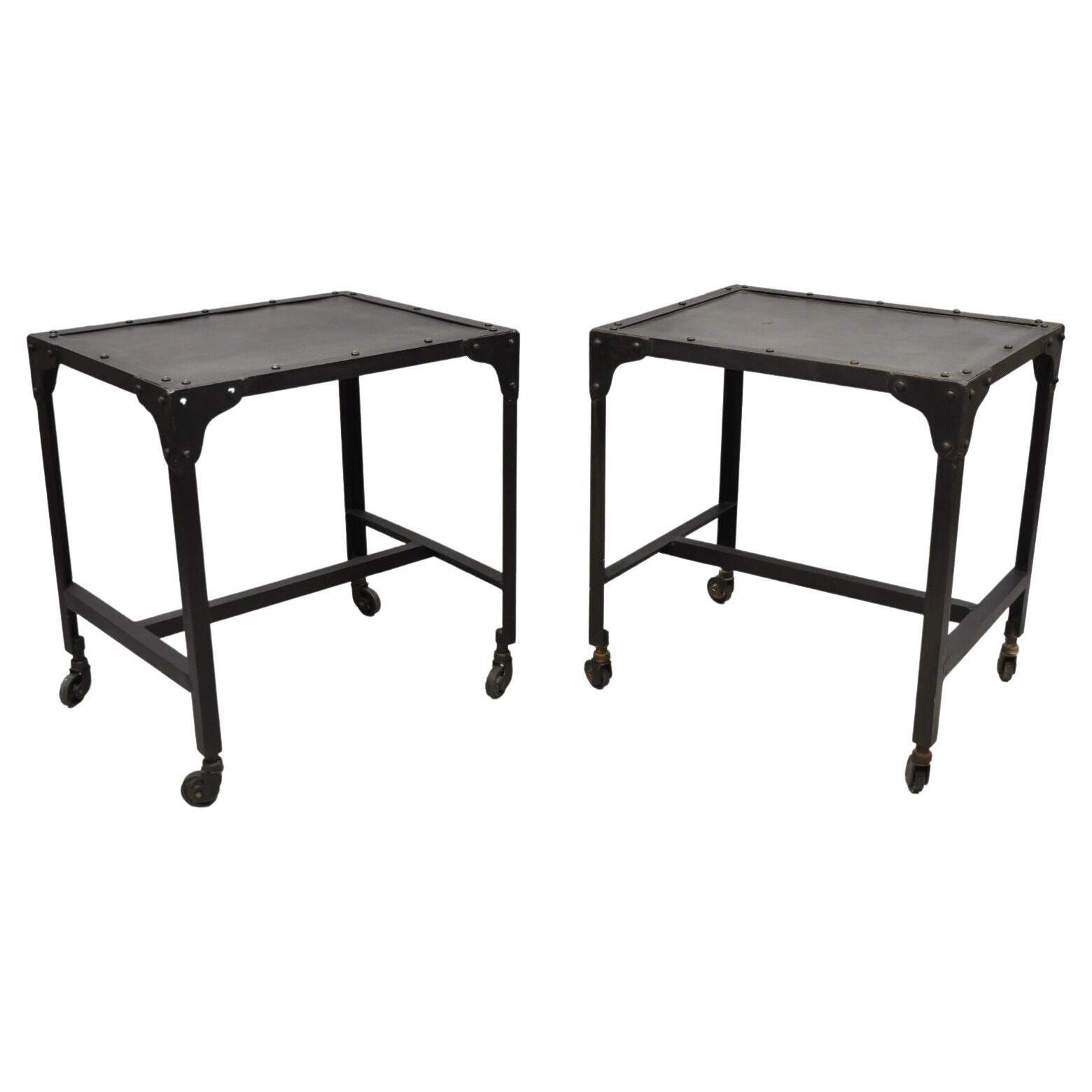 Decorator Industrial Vintage Style Steel Metal Side Tables on Wheels, a Pair For Sale