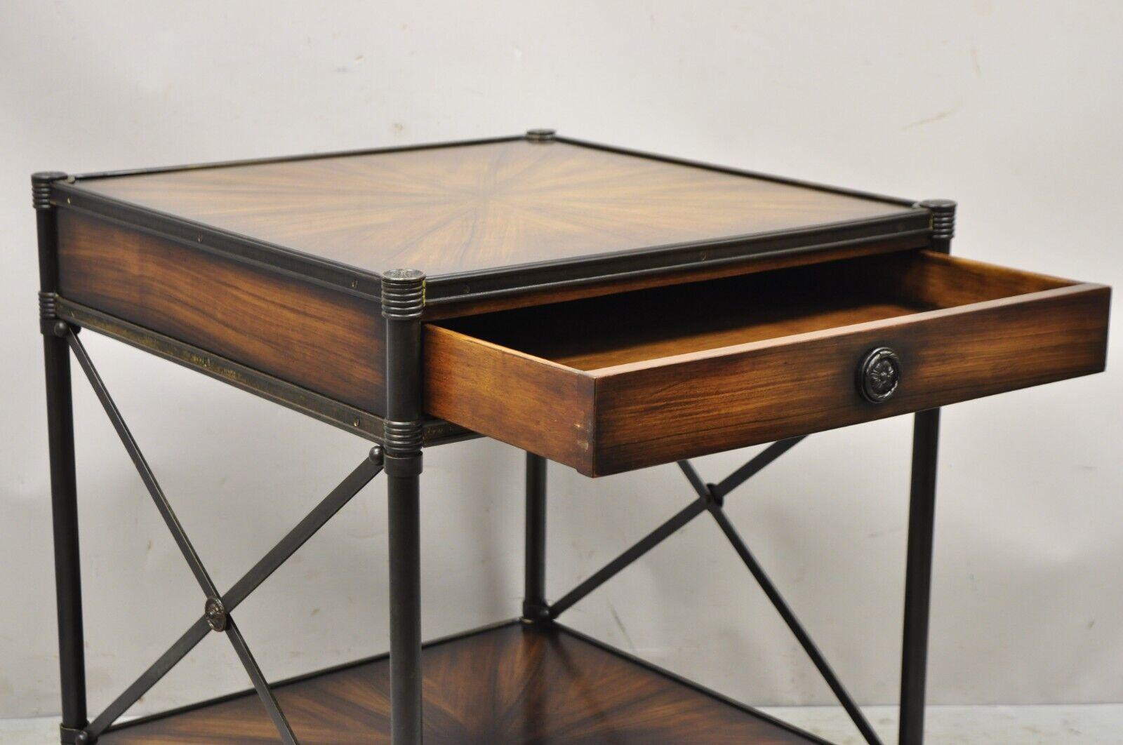20th Century Decorator Iron and Wood X-Frame One Drawer Square Modern Side Table For Sale