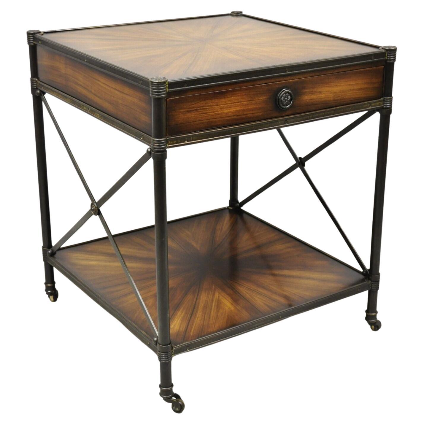 Decorator Iron and Wood X-Frame One Drawer Square Modern Side Table For Sale