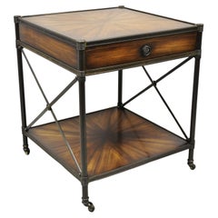 Antique Decorator Iron and Wood X-Frame One Drawer Square Modern Side Table