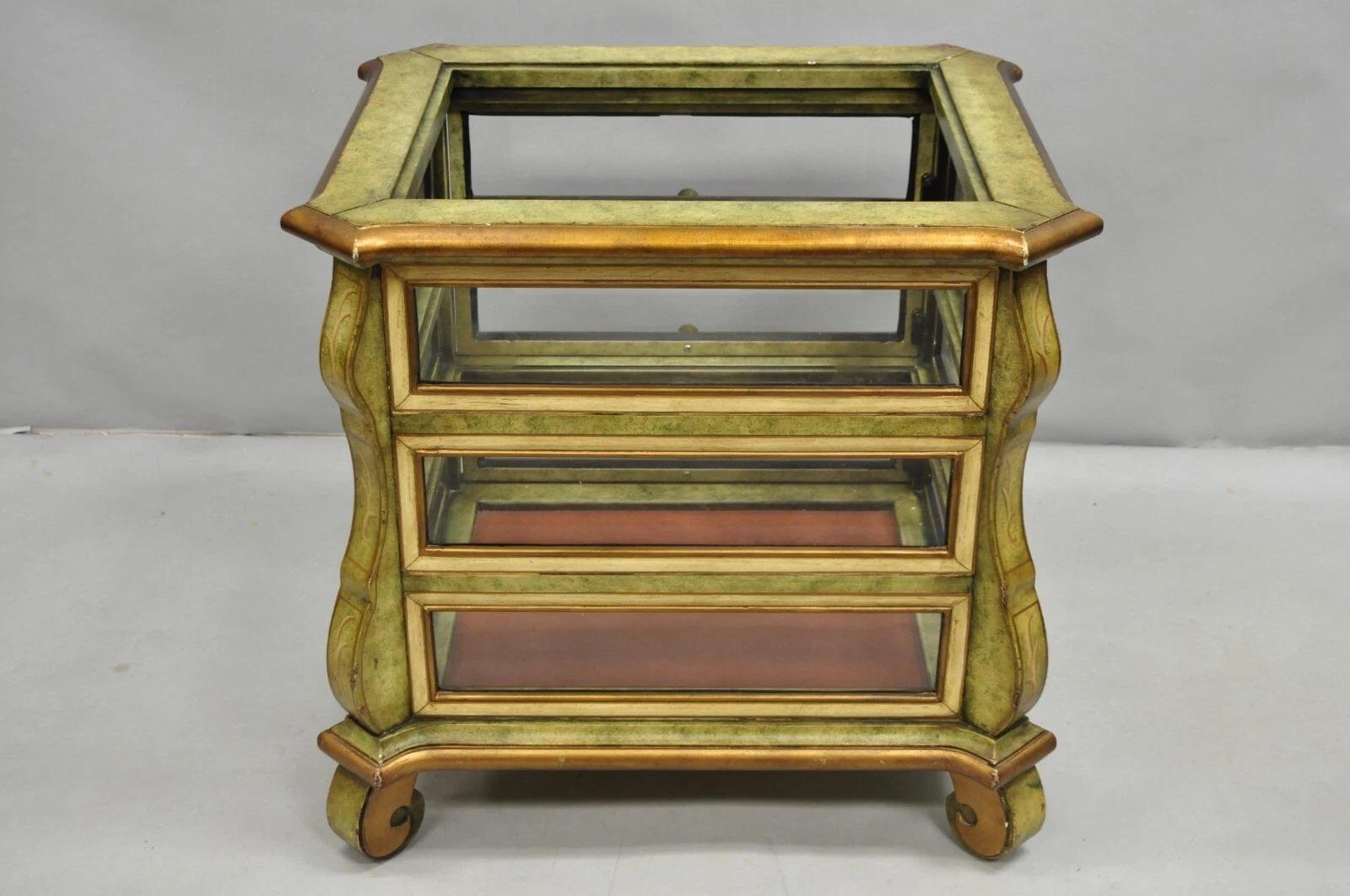 Decorator Italian Mediterranean Green Painted 3 Tier Glass Curio Side Table For Sale 5