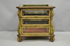 Decorator Italian Mediterranean Green Painted 3 Tier Glass Curio Side Table