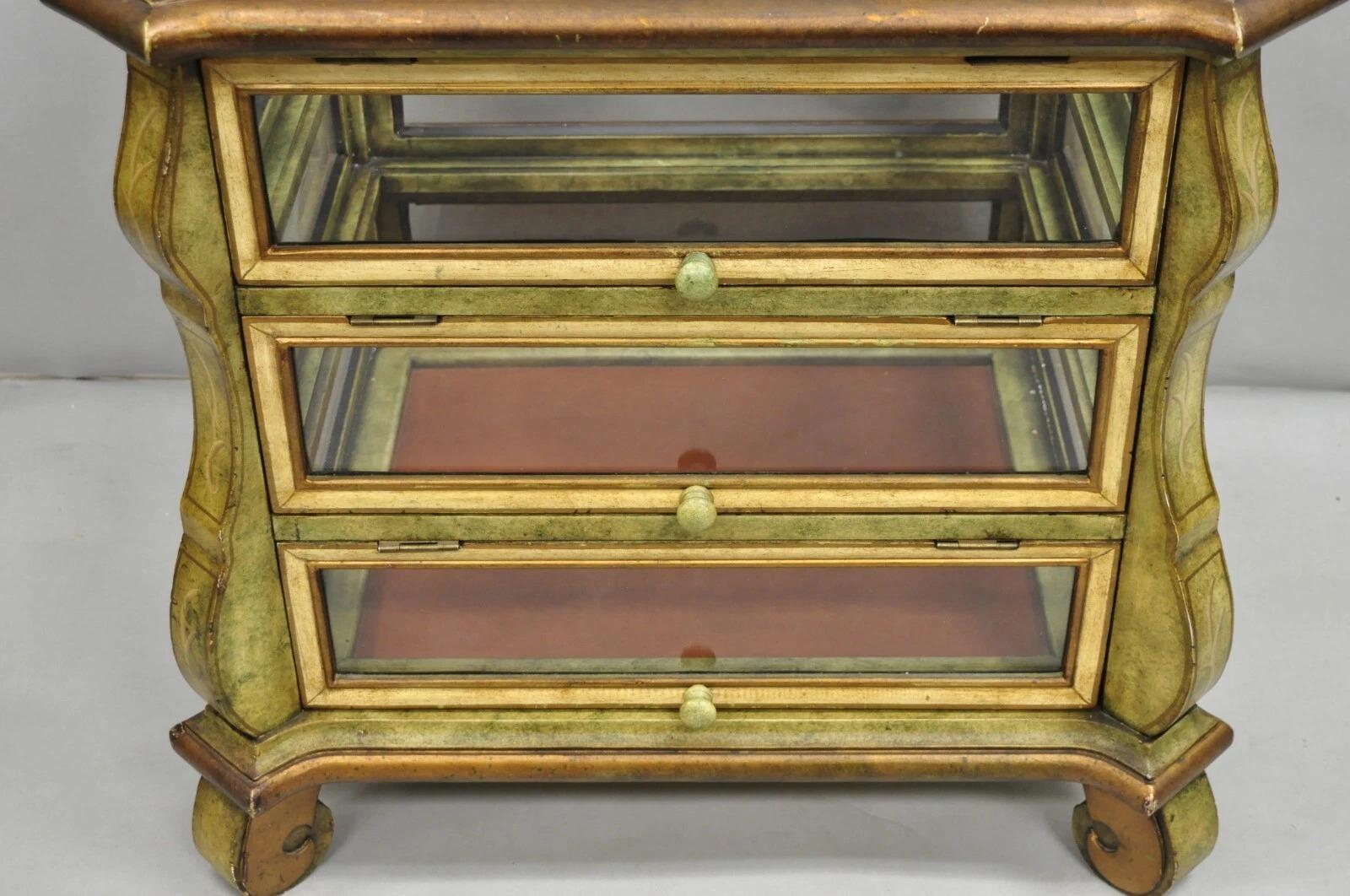 Other Decorator Italian Mediterranean Green Painted 3 Tier Glass Curio Side Table For Sale