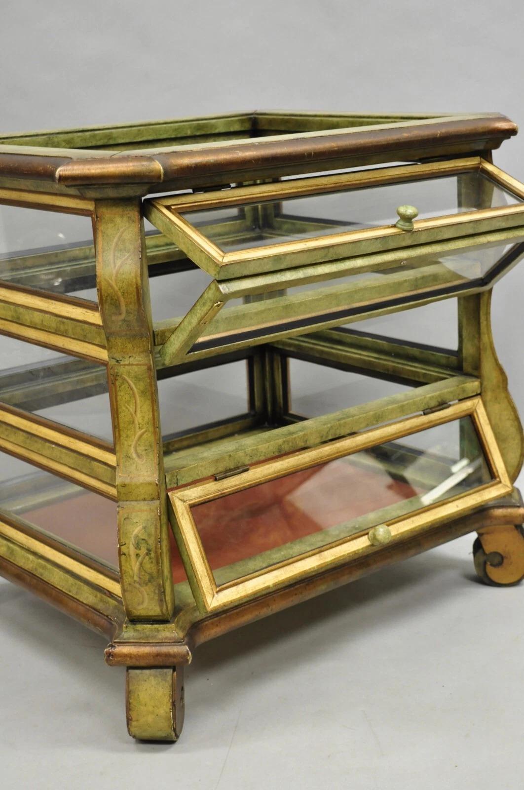 Unknown Decorator Italian Mediterranean Green Painted 3 Tier Glass Curio Side Table For Sale