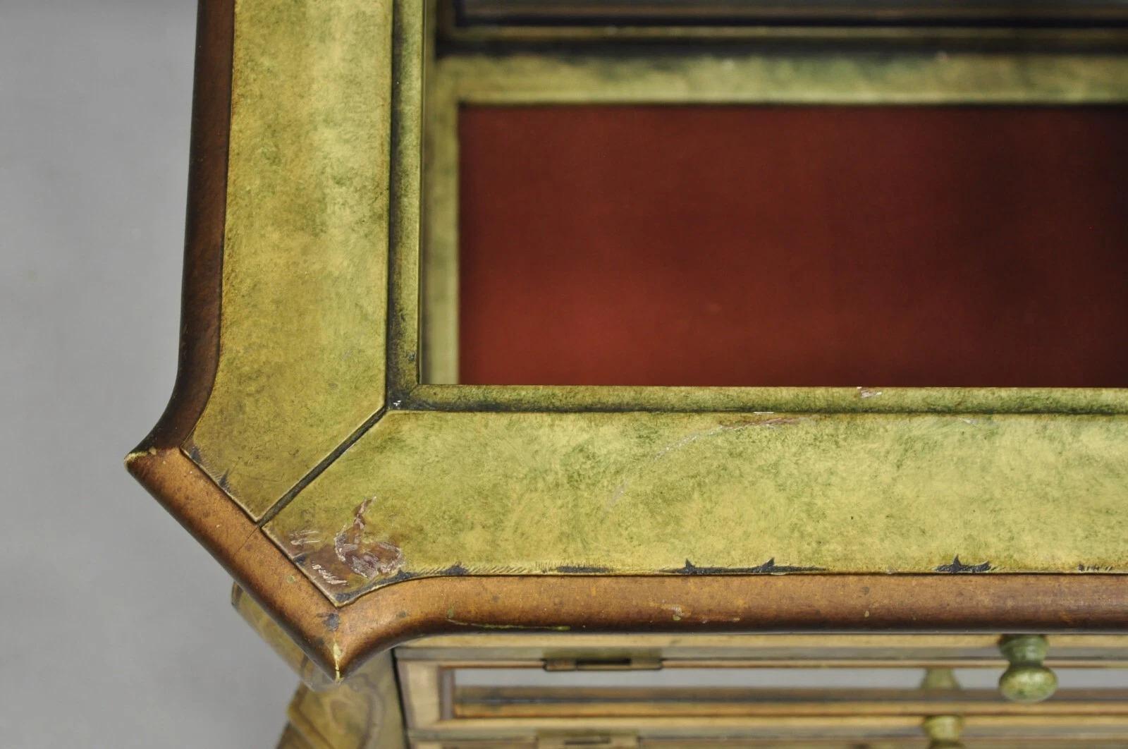 Wood Decorator Italian Mediterranean Green Painted 3 Tier Glass Curio Side Table For Sale