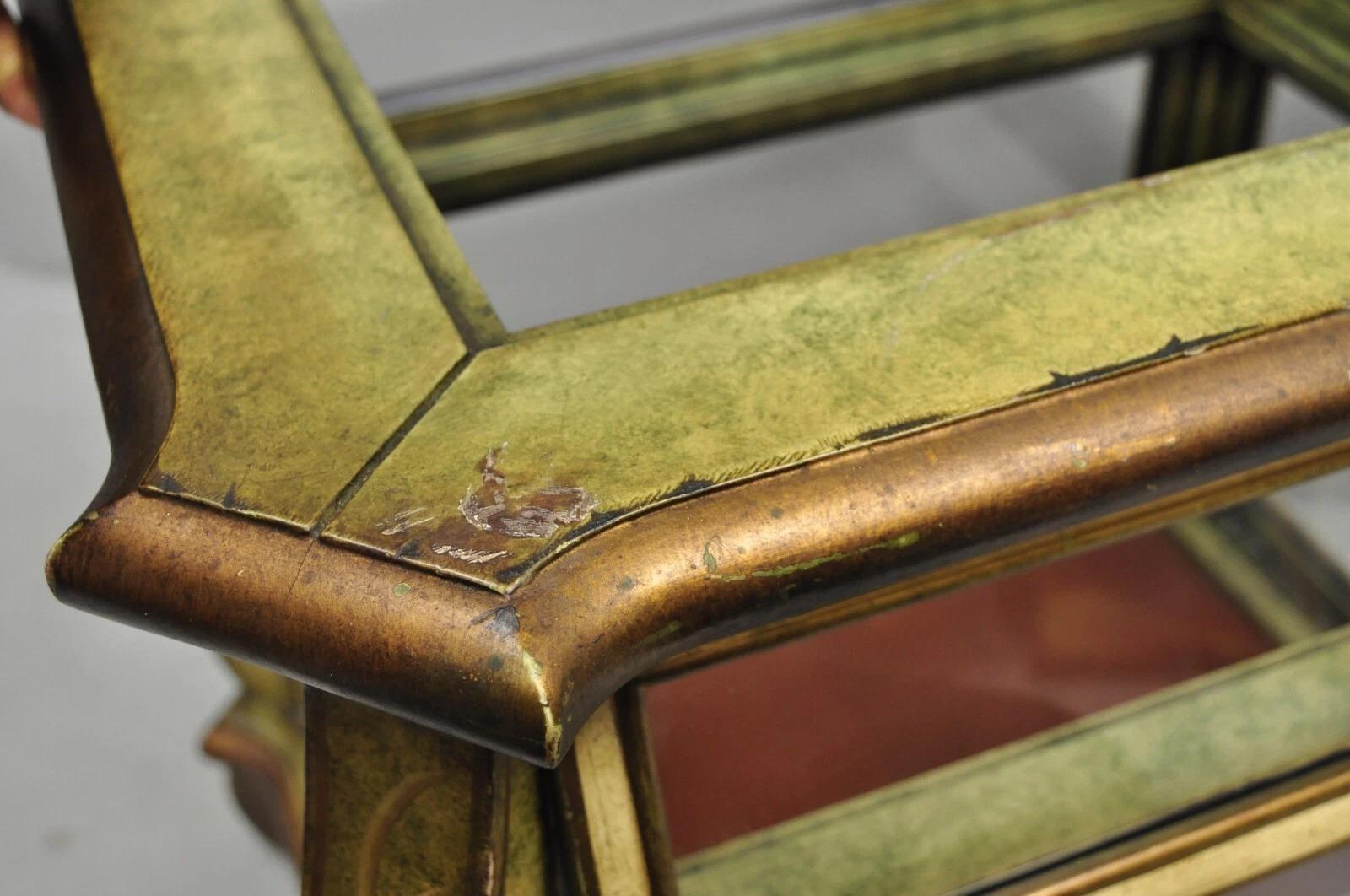 Decorator Italian Mediterranean Green Painted 3 Tier Glass Curio Side Table For Sale 1