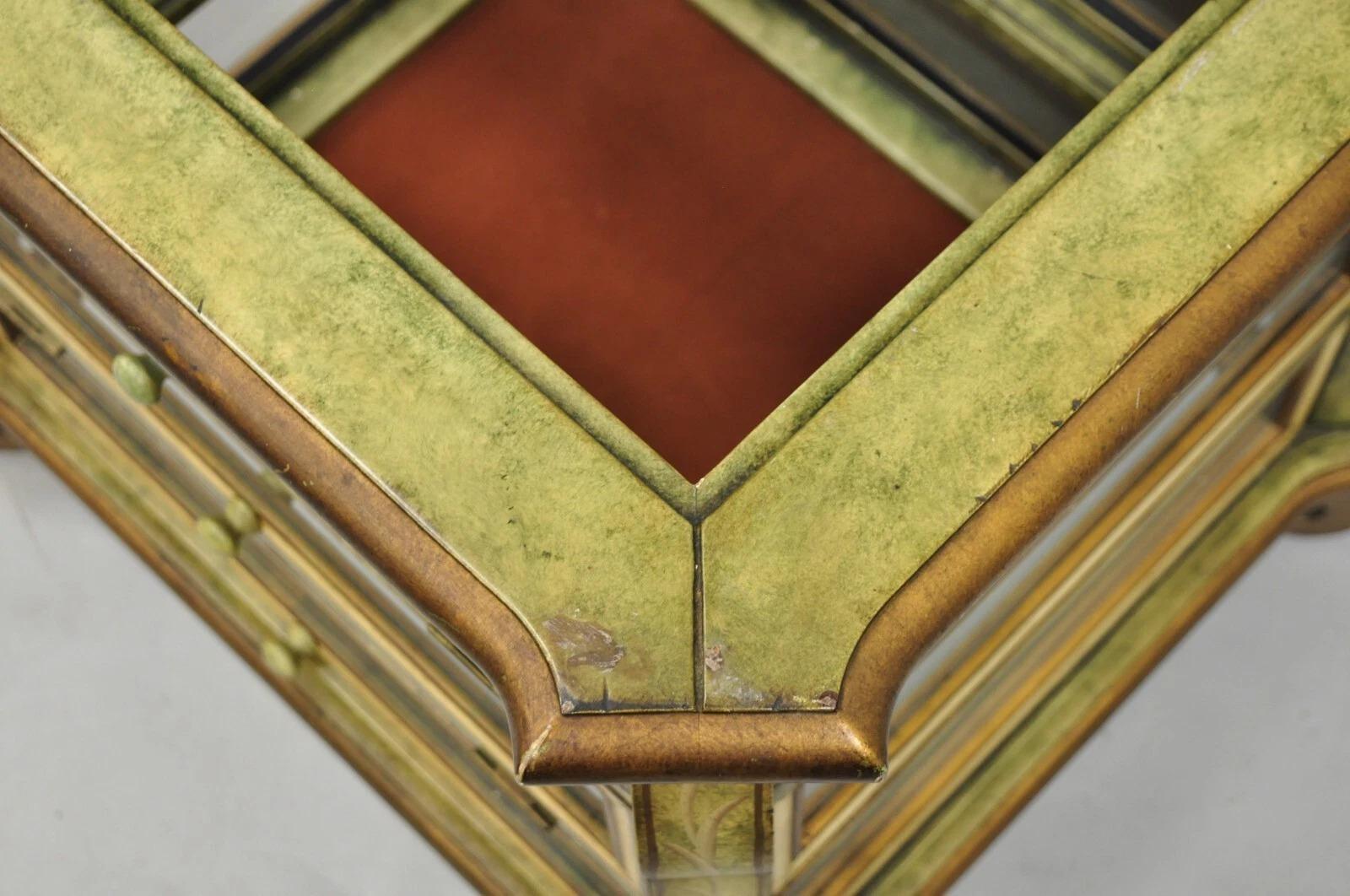 Decorator Italian Mediterranean Green Painted 3 Tier Glass Curio Side Table For Sale 2
