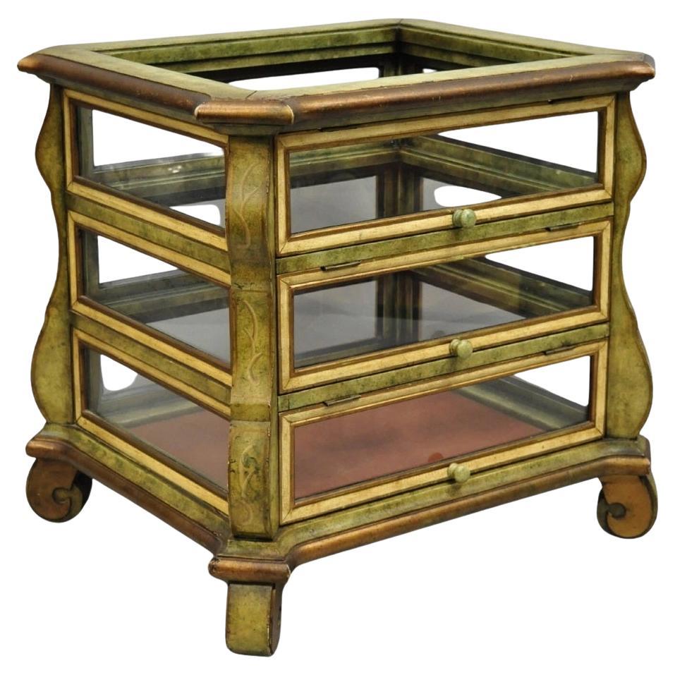Decorator Italian Mediterranean Green Painted 3 Tier Glass Curio Side Table For Sale