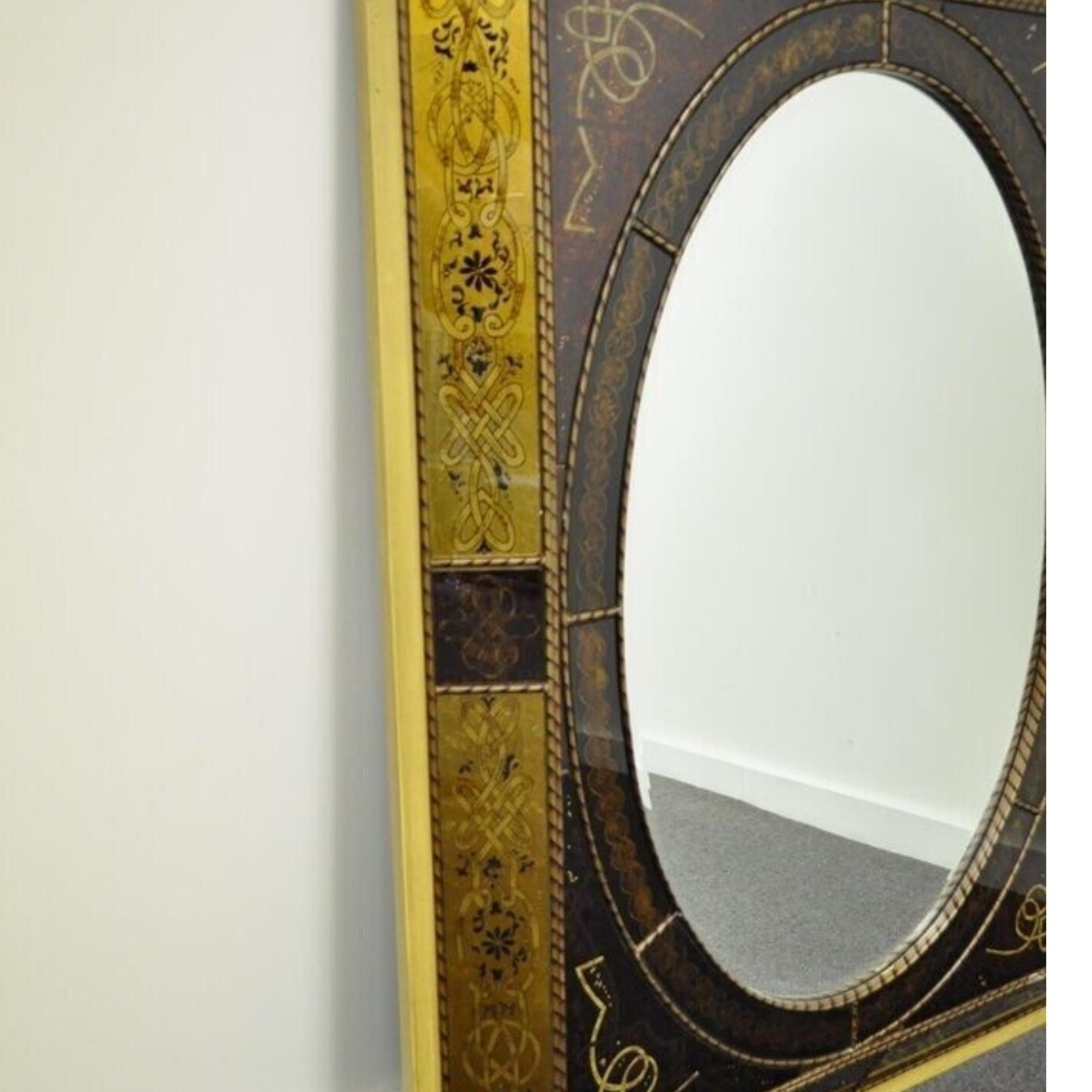 Glass Decorator Italian Venetian Style Hollywood Regency Reverse Decorated Wall Mirror For Sale
