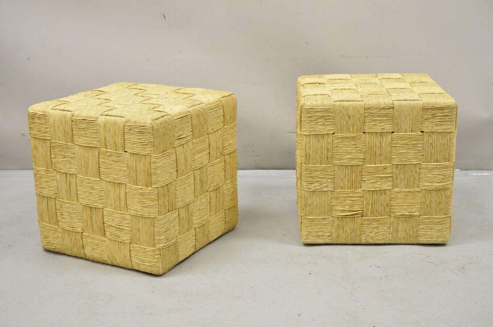 Decorator Modern Woven Rattan Rope Cord Cube Ottoman Side Table - a Pair For Sale 6