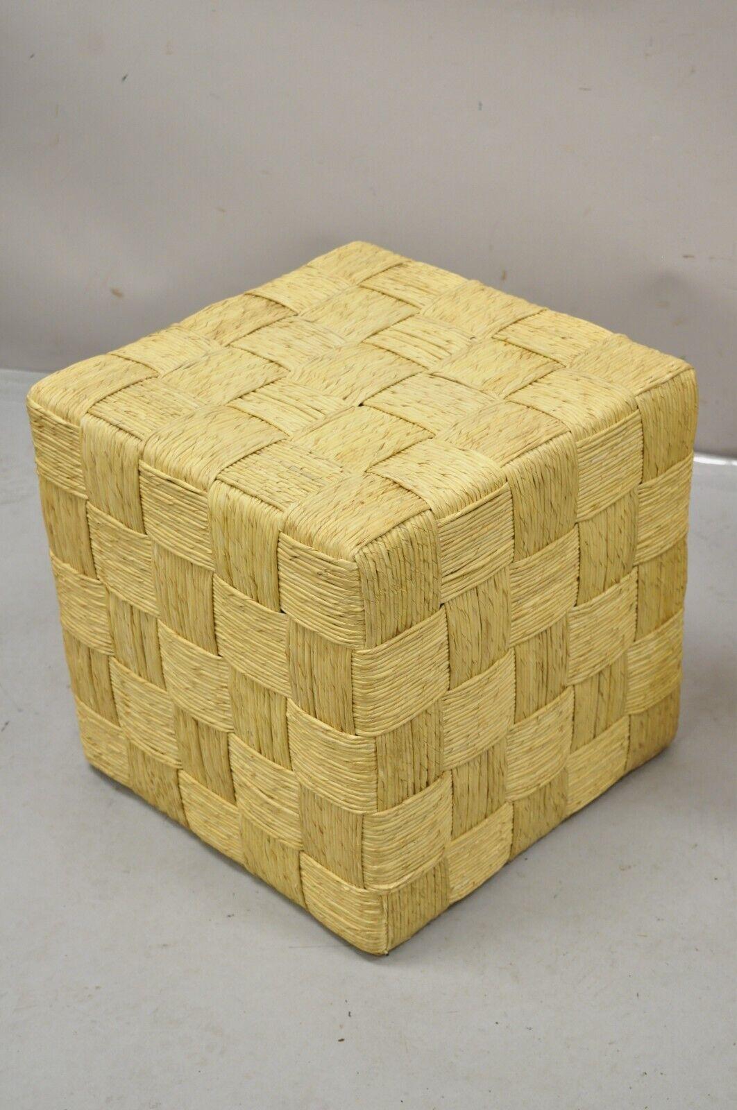 Decorator Modern Woven Rattan Rope Cord Cube Ottoman Side Table - a Pair For Sale 7
