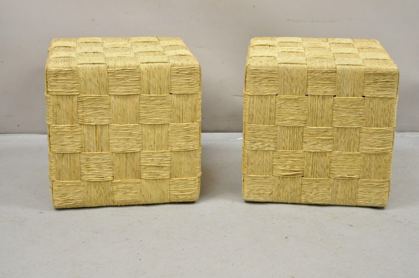Decorator Modern Woven Rattan Rope Cord Cube Ottoman Side Table - a Pair. Item featured is 21st Century Pre-owned. Measurements: 15.5