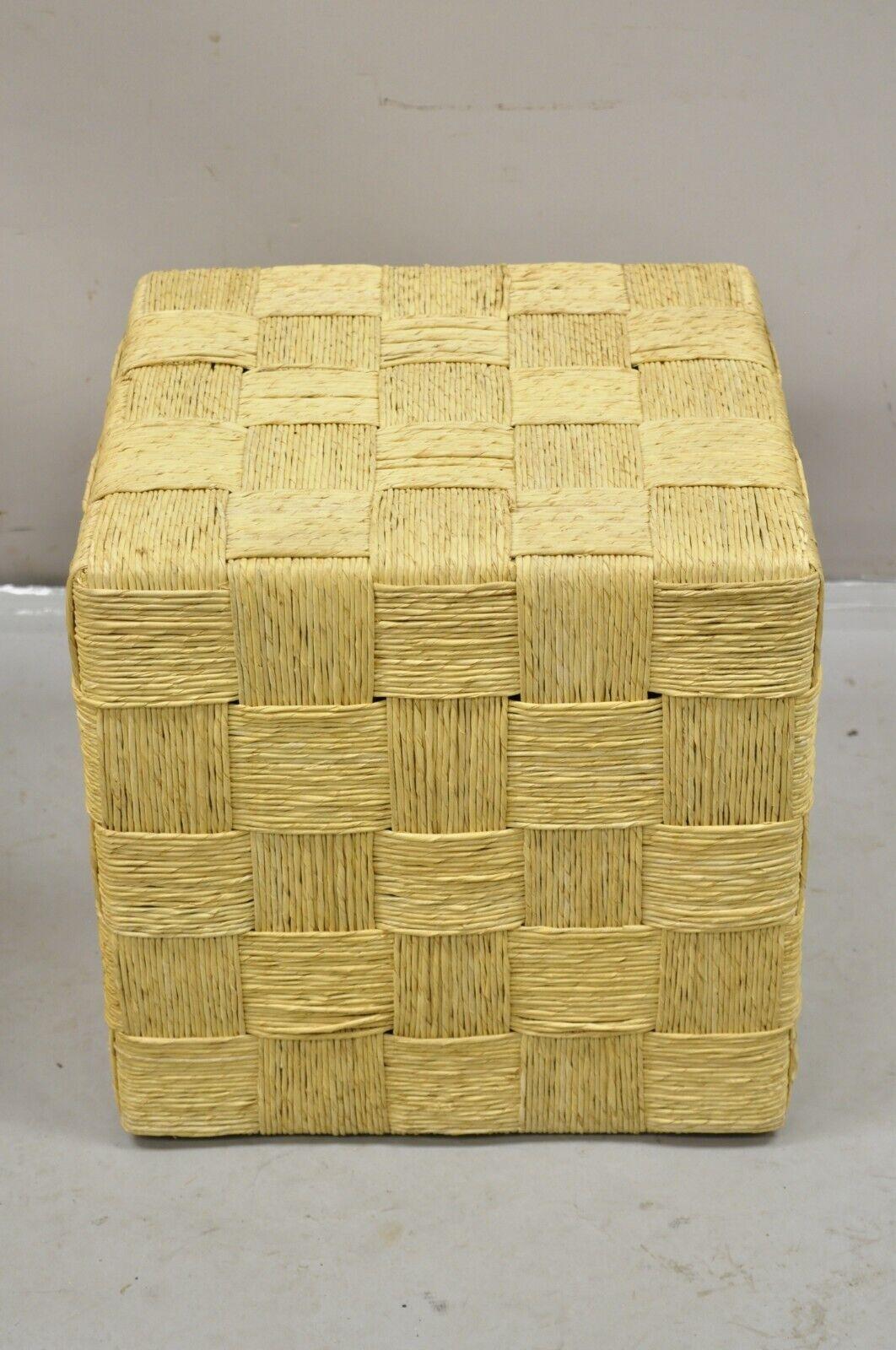 Decorator Modern Woven Rattan Rope Cord Cube Ottoman Side Table - a Pair In Good Condition For Sale In Philadelphia, PA