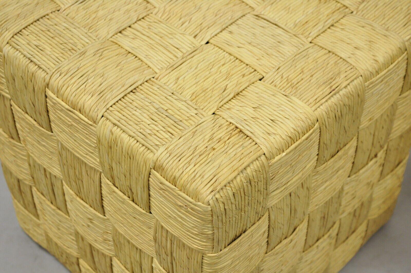 Contemporary Decorator Modern Woven Rattan Rope Cord Cube Ottoman Side Table - a Pair For Sale