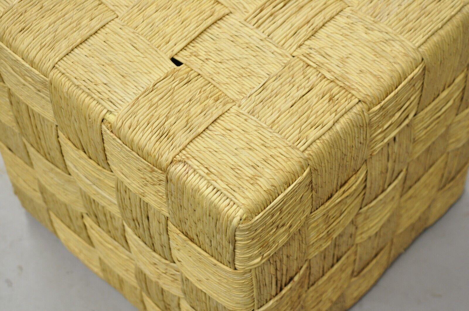 Decorator Modern Woven Rattan Rope Cord Cube Ottoman Side Table - a Pair For Sale 3