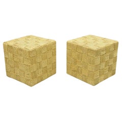 Decorator Modern Woven Rattan Rope Cord Cube Ottoman Side Table - a Pair