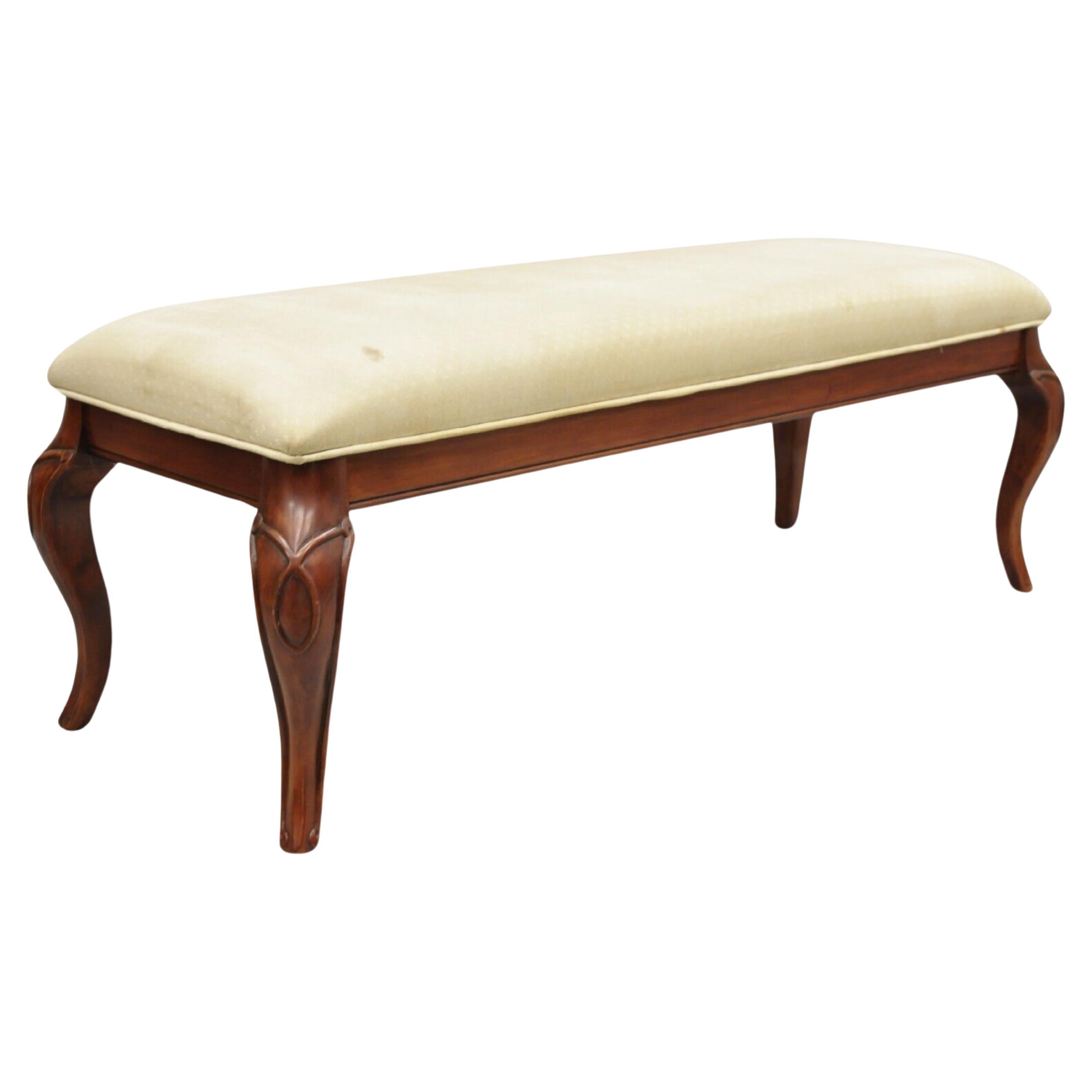 Decorator Queen Anne Style Carved Cherry Wood 55" Long Upholstered Window Bench For Sale