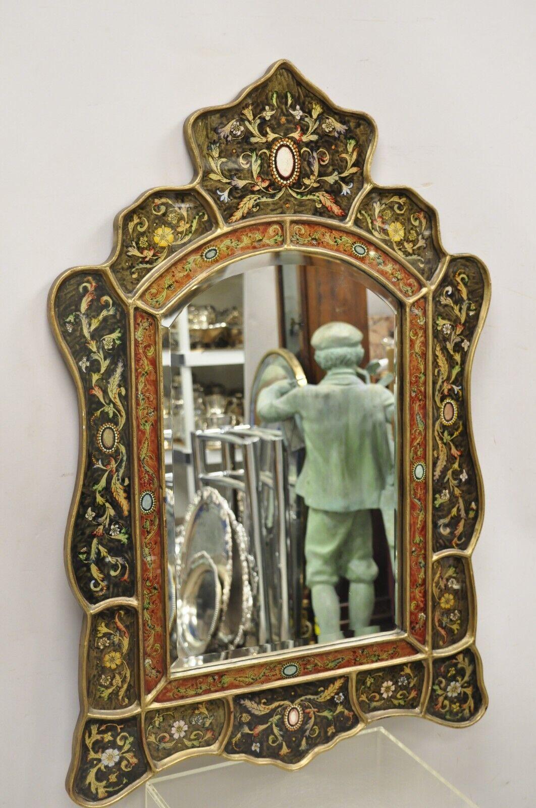 Decorator Venetian Style Painted Leafy Scroll Mirrored Frame Wall Mirror. Item features a reverse painted frame, glass border, very nice item, great style and form. Circa Late 20th - Early 21st Century. Measurements: 40.5
