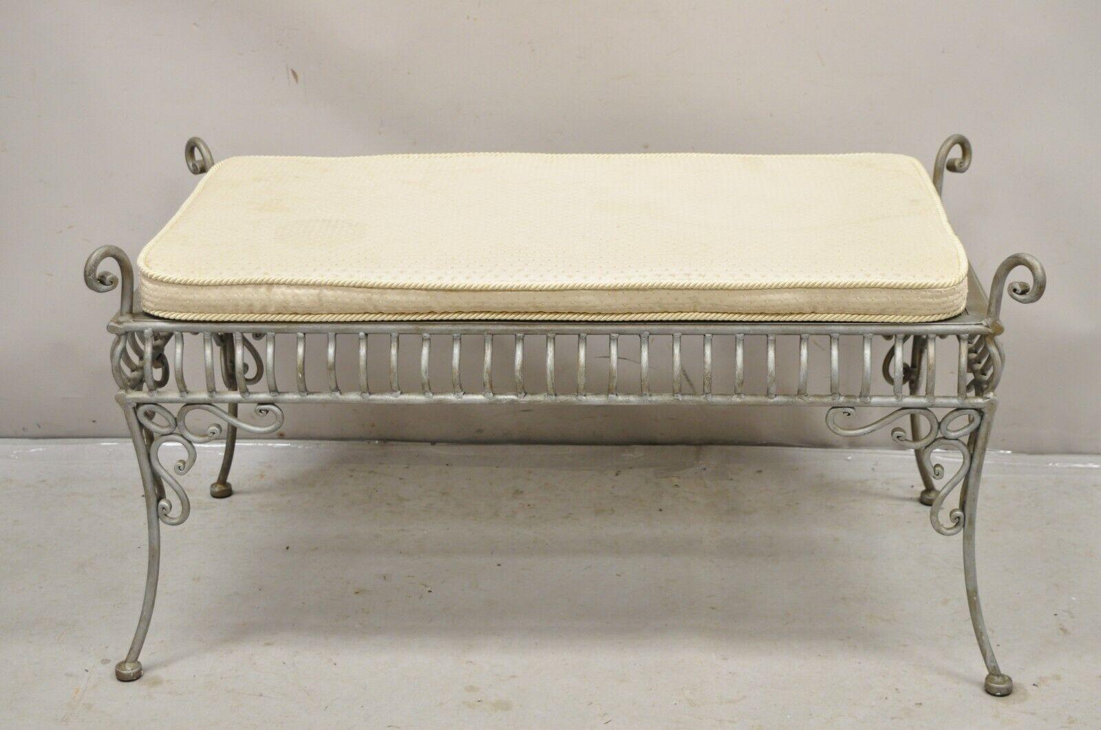 Decorator Wrought Iron Scrolling French Country Style Gray Lattice Bench. Circa Late 20th Century. Measurements: 20
