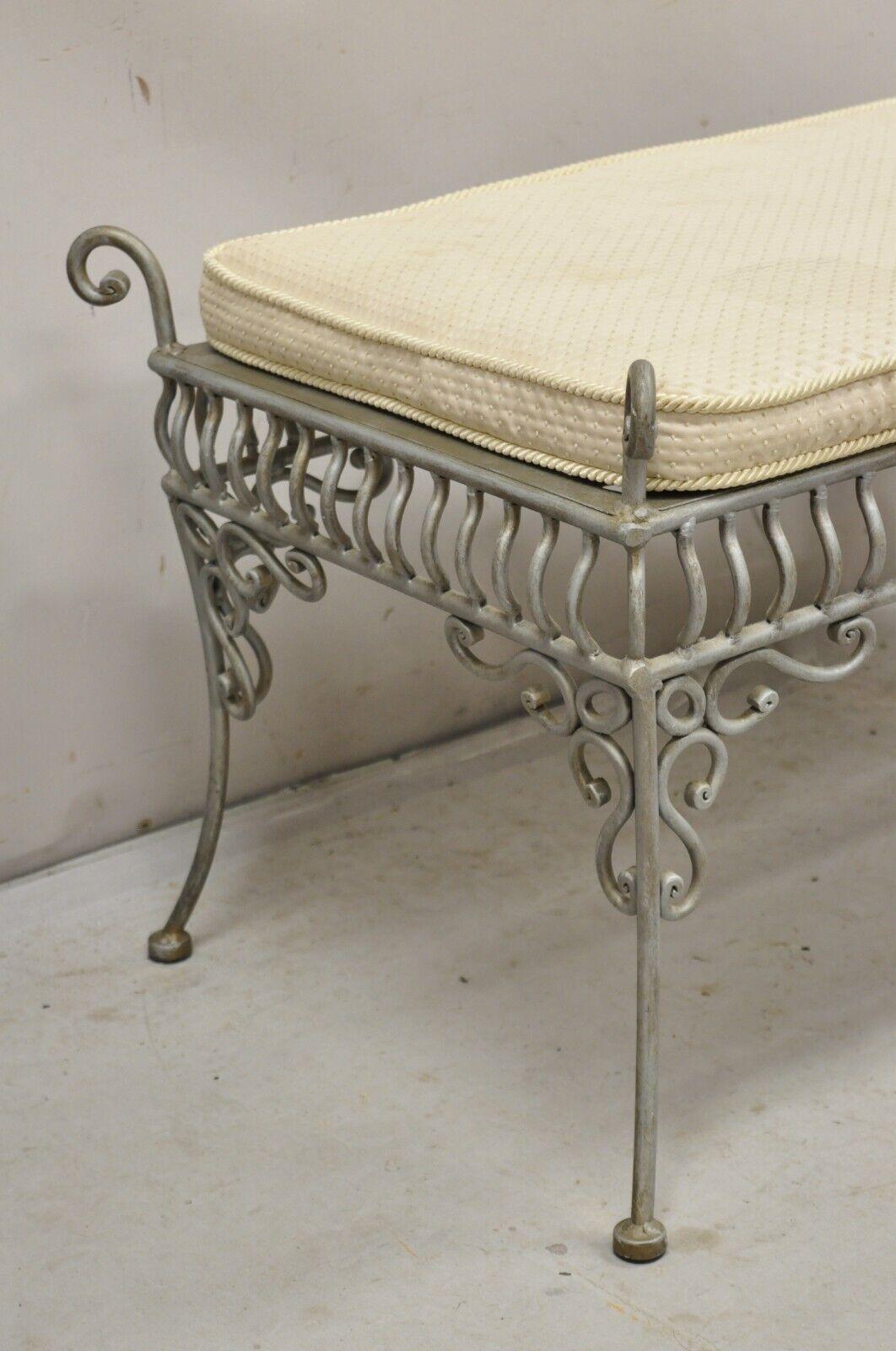 French Provincial Decorator Wrought Iron Scrolling French Country Style Gray Lattice Bench For Sale