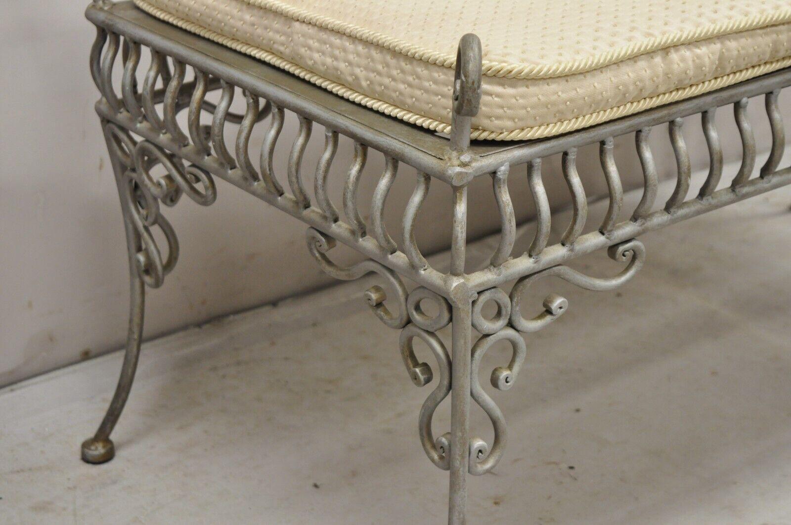 20th Century Decorator Wrought Iron Scrolling French Country Style Gray Lattice Bench For Sale