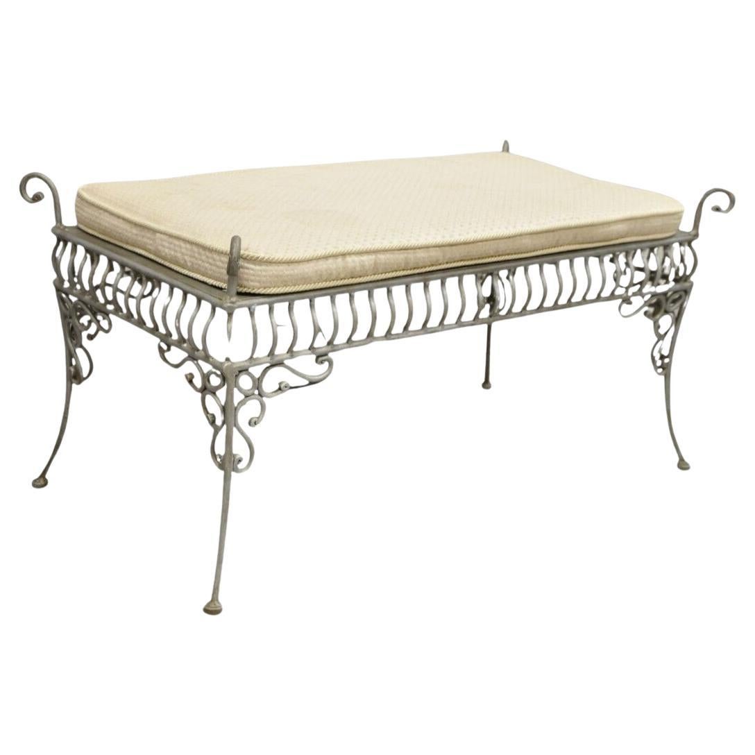 Decorator Wrought Iron Scrolling French Country Style Gray Lattice Bench For Sale