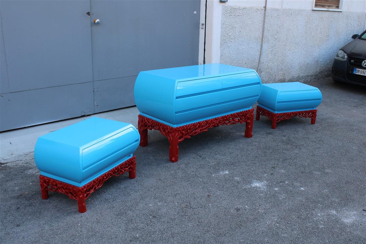 Late 20th Century Decotarive Bedroom Sets Arpex Roma 1970 in sea Blue and Red Coral Made in Italy For Sale
