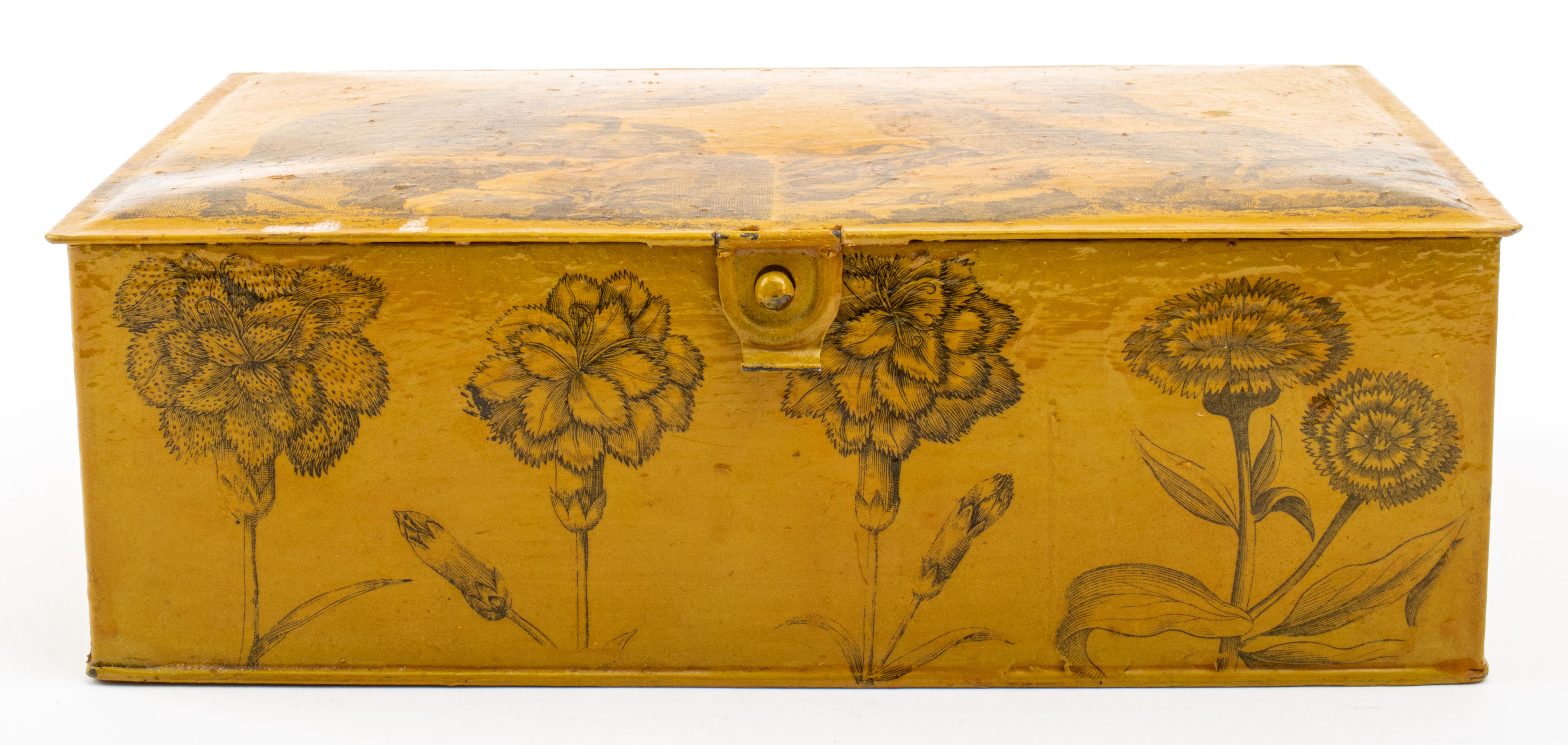 Decoupage-decorated painted casket, rectangular, the top with images of monkeys, the sides with pinks and carnations, applied over a mustard-painted ground, the interior lid decorated with a winter scene dated 1858, the rest of the interior lined in