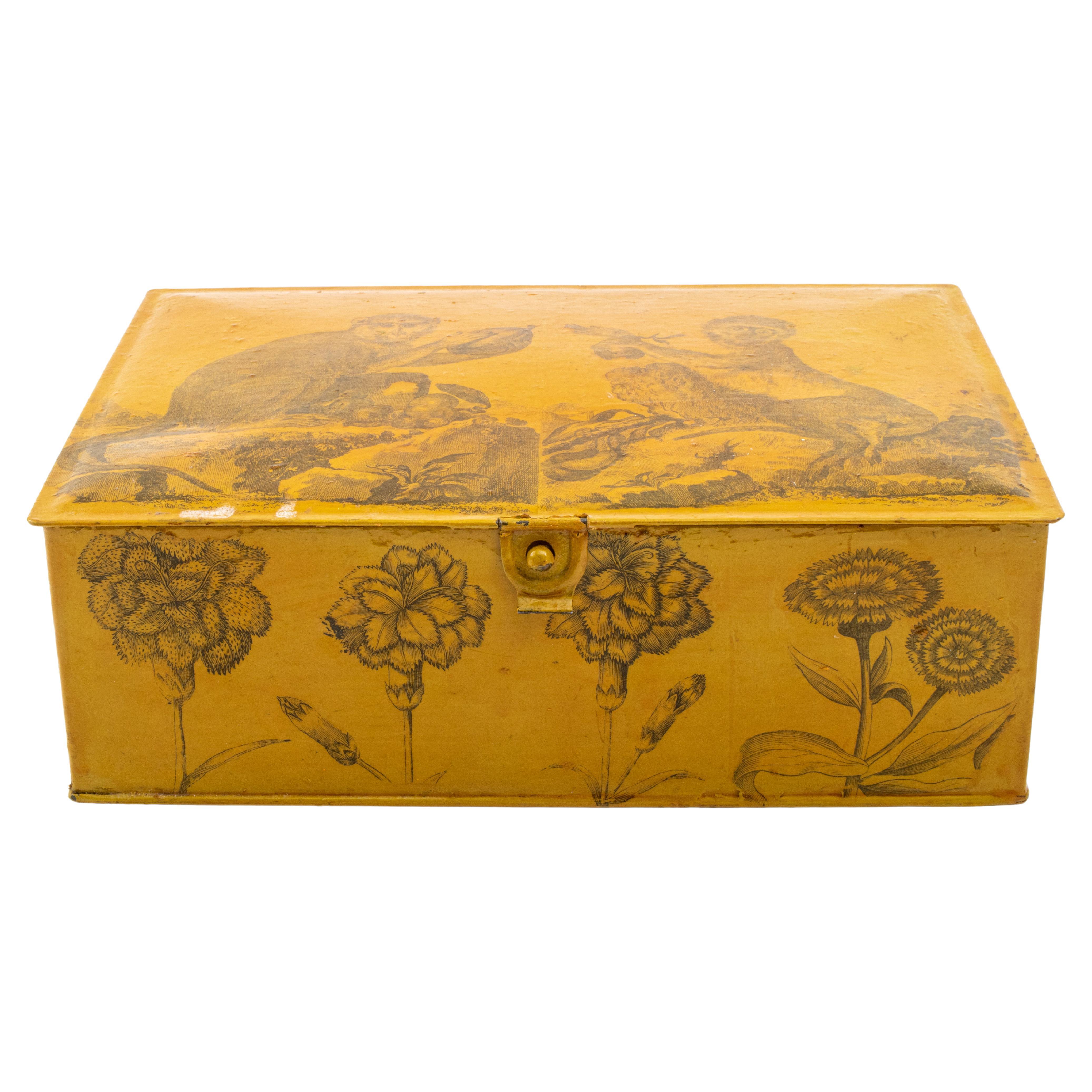 Decoupage-Decorated Painted Casket w/ Monkeys & Flowers