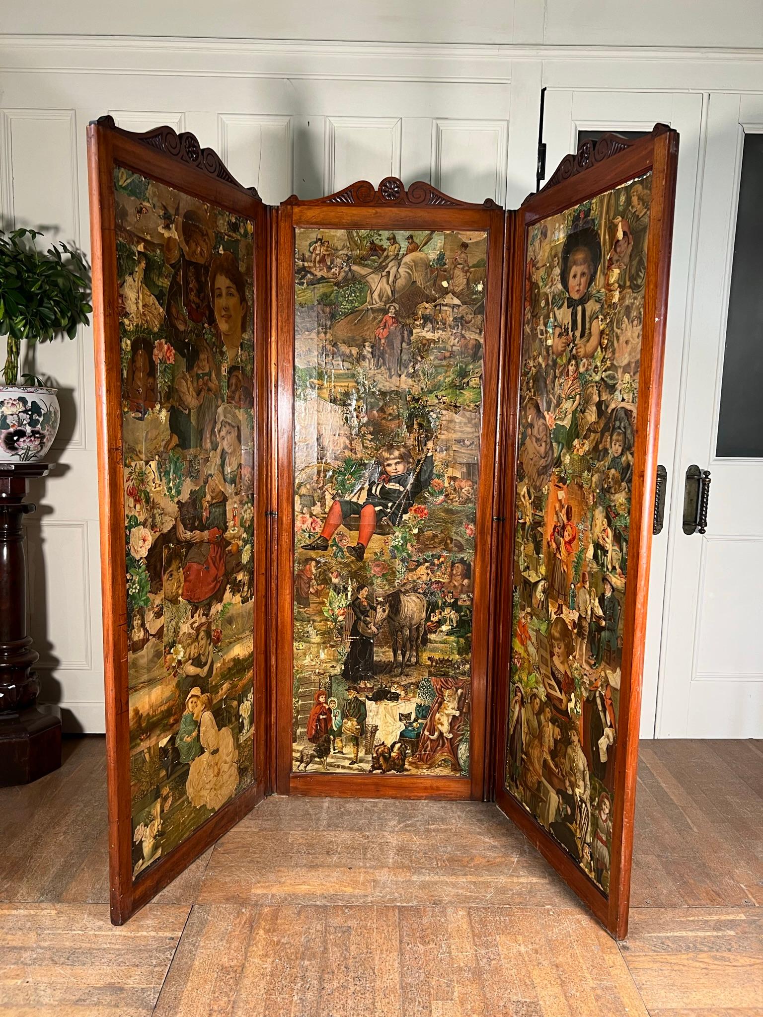 Late 19th Century Room screen.

Original decoupage decoration to one side and upholstery to the other.

Original coverings have some minor damage commensurate with age but nothing that detracts from the look.

The rear has been recovered using