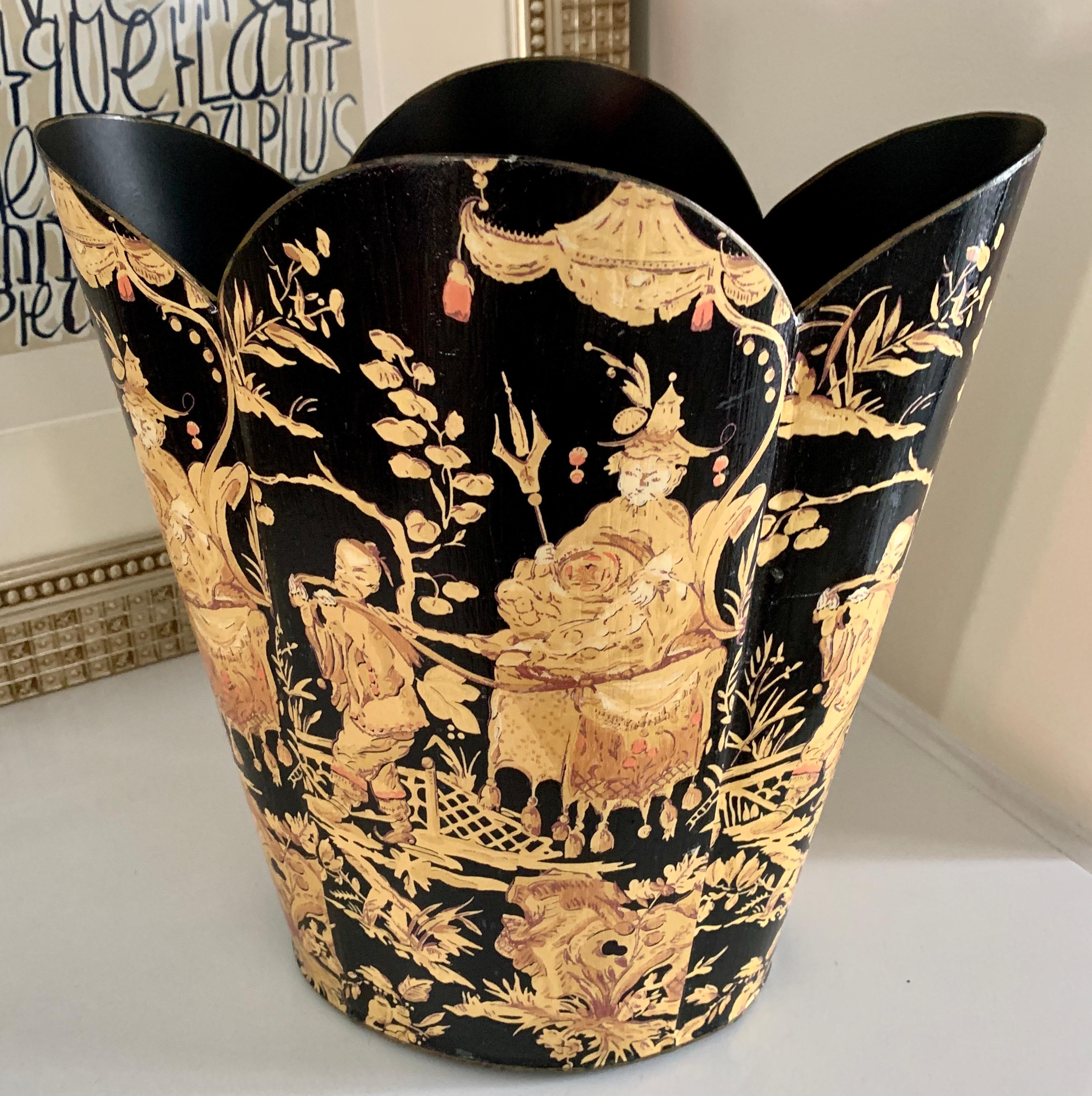 Decoupage Scallop Waste Can with Asian Motif 3