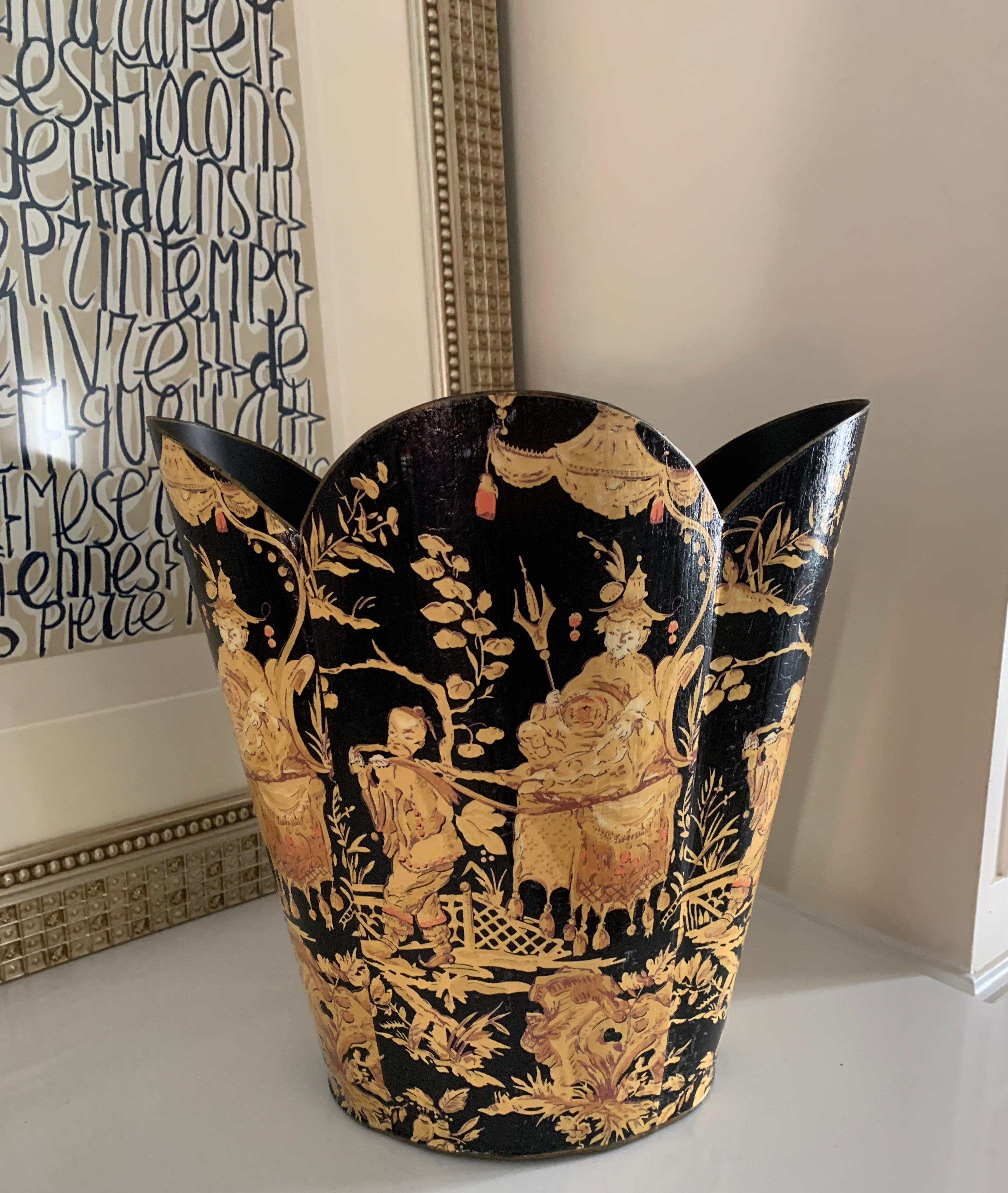 Hand-Crafted Decoupage Scallop Waste Can with Asian Motif