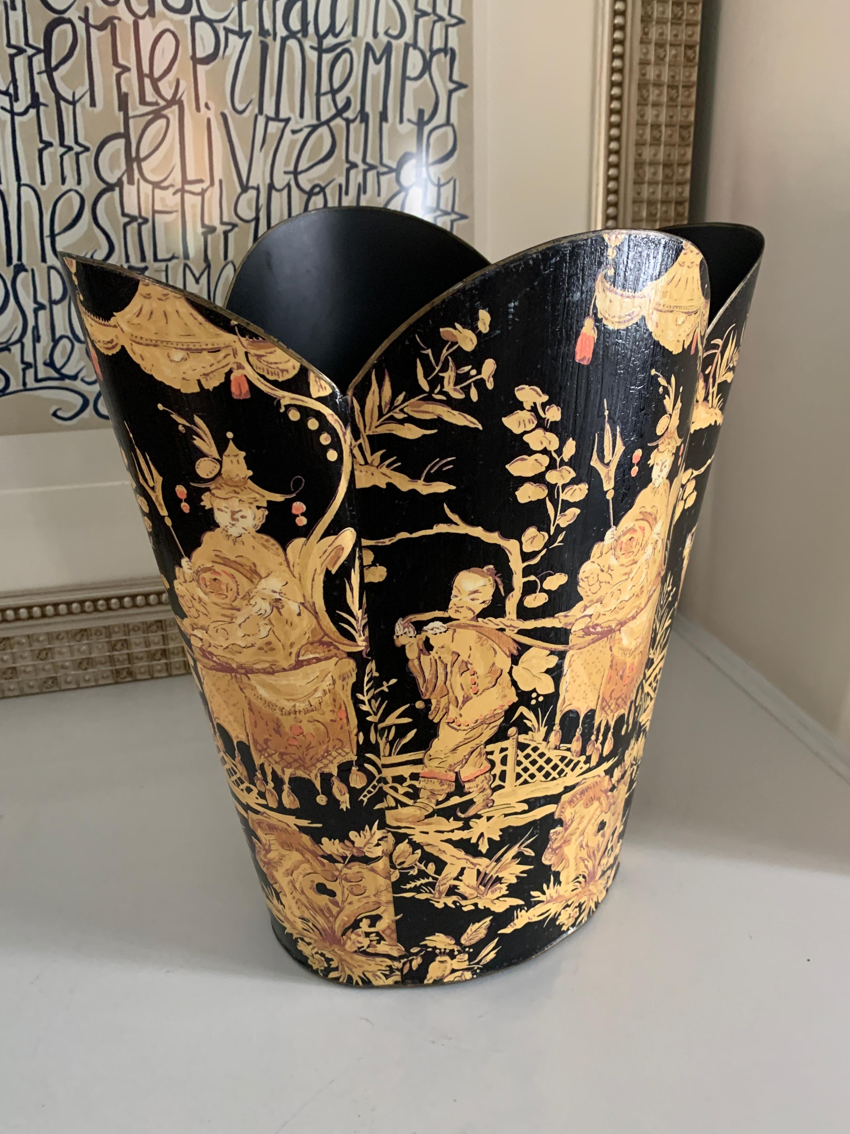 Decoupage Scallop Waste Can with Asian Motif 1