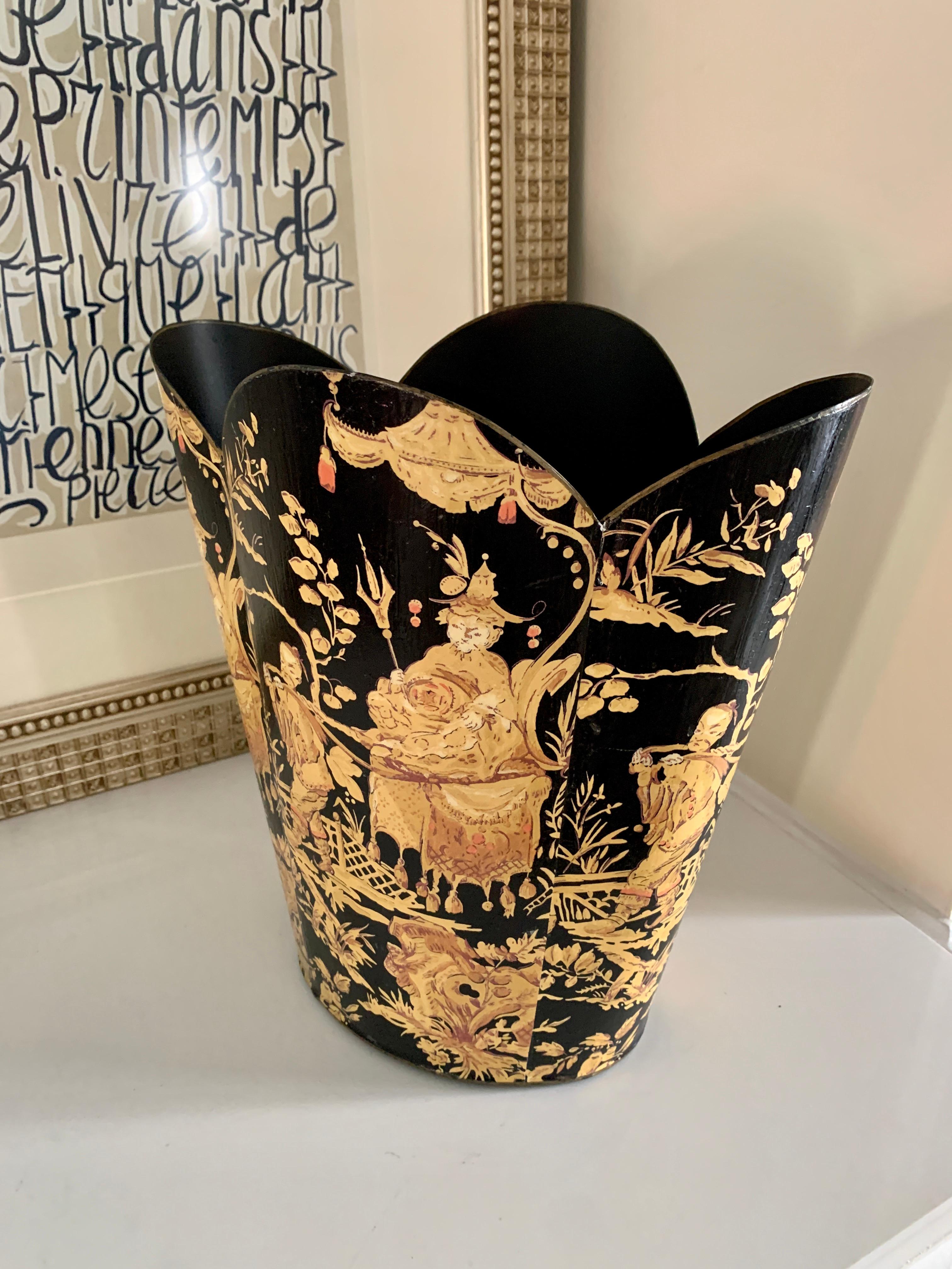 Decoupage Scallop Waste Can with Asian Motif 2