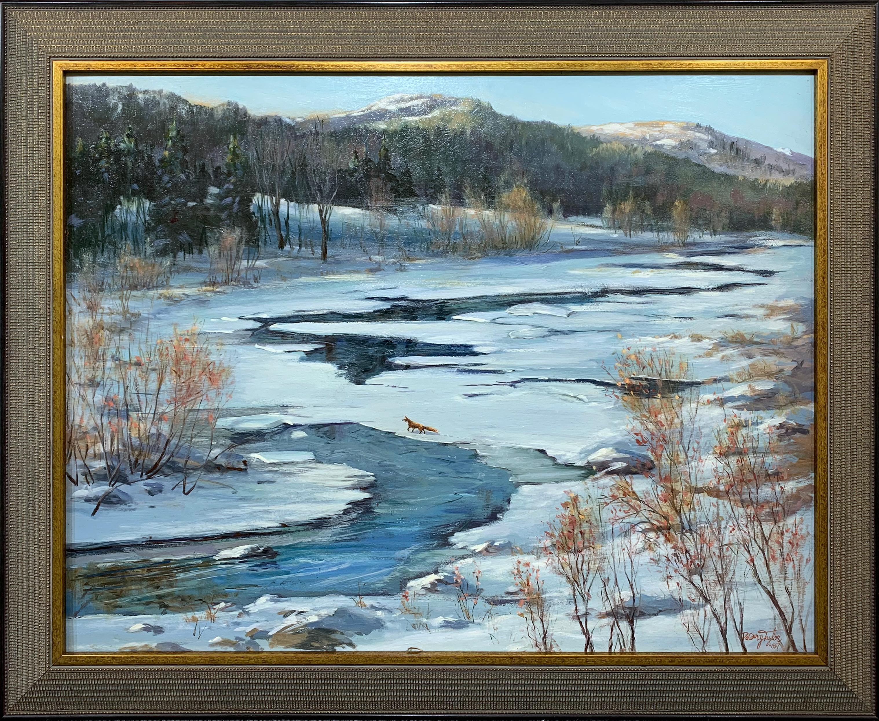 Spring Thaw, Maine, Winter Landscape, Snow Scene with Fox, 1997 - Painting by DeCourcy L. Taylor Jr.