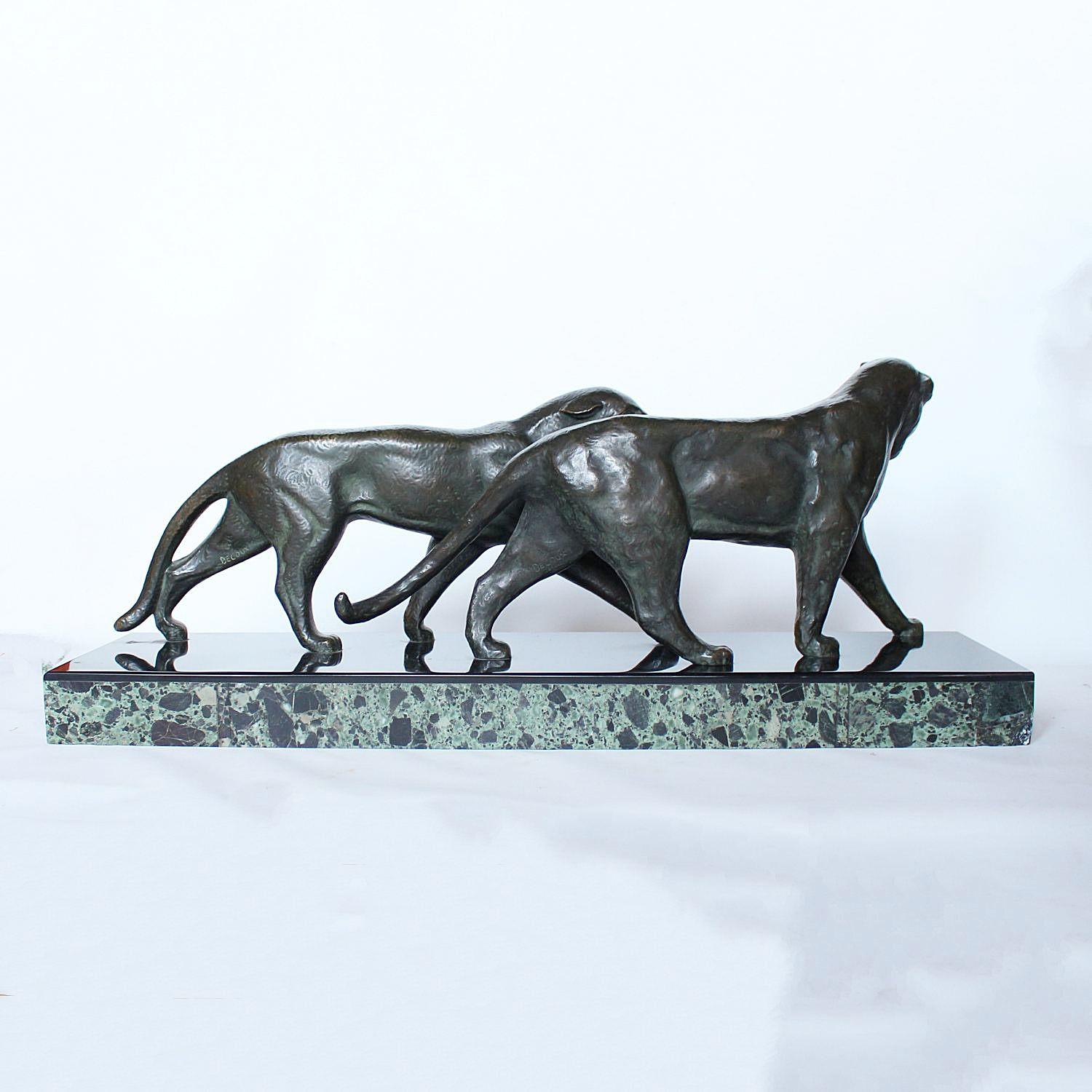 Patinated Decoux Art Deco Prowling Panthers