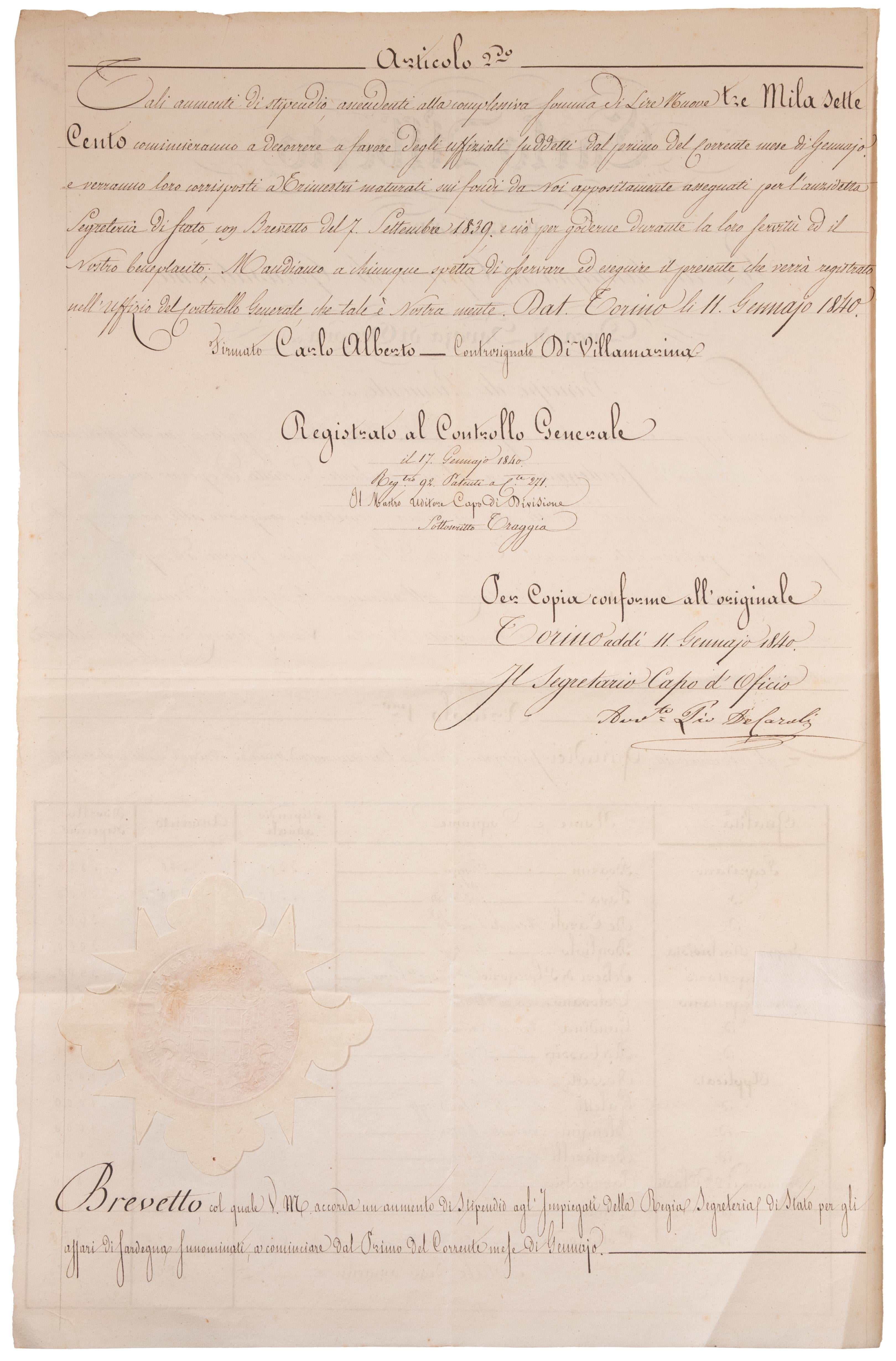 Italiano Decreto sull'aumento degli stipendi nel Regno di Sardegna in vendita