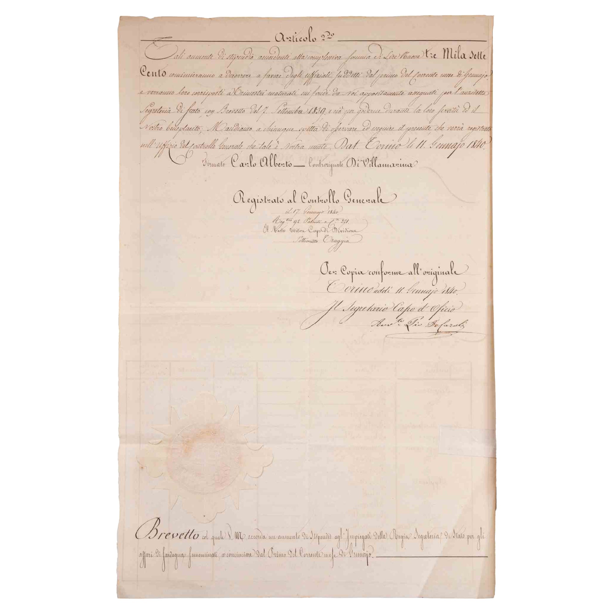 Décret sur l'augmentation des salaires dans le Royaume de Sardaigne